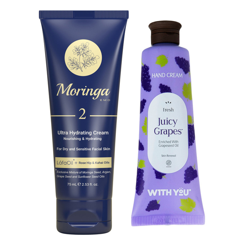 کرم آبرسان مورینگا امو مدل رز هیپ حجم 75 میلی لیتر به همراه کرم مرطوب کننده ویت یو مدل Juicy Grapes حجم 50 میلی لیتر