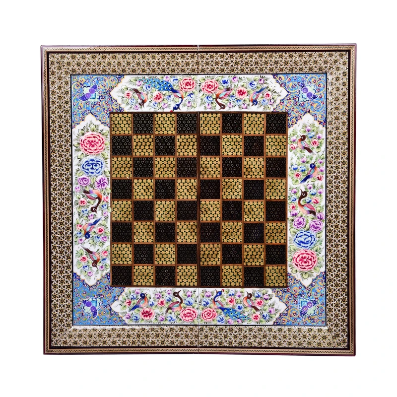  صفحه شطرنج خاتم کاری مدل گل و مرغ طرح اردیبهشت کد LS-50