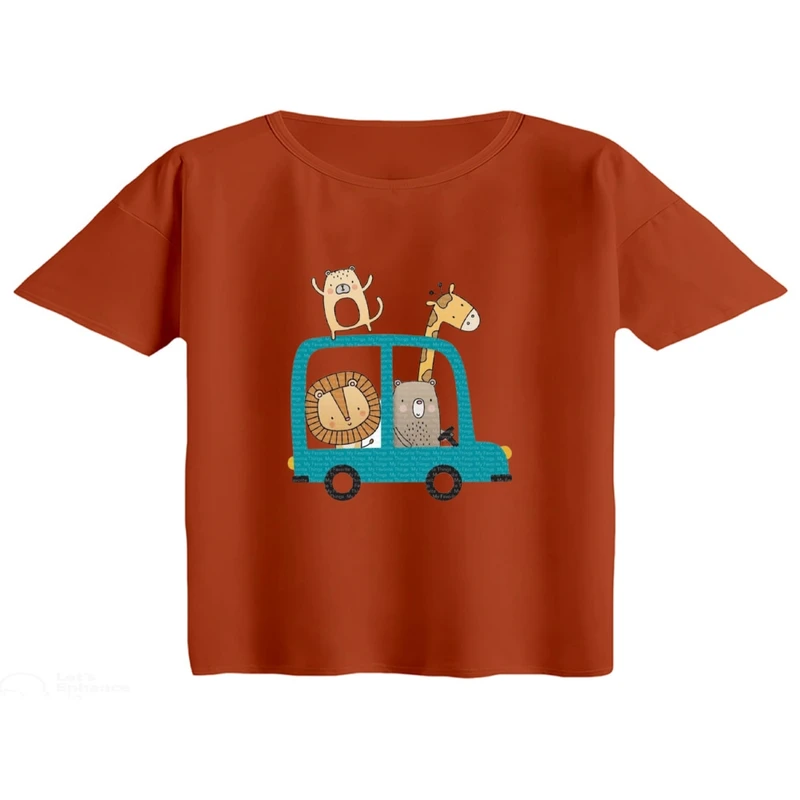 کراپ تی‌شرت آستین کوتاه زنانه مدل ماشین حیوانات