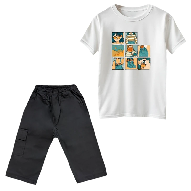 ست تی‌شرت و شلوارک دخترانه مدل پازل