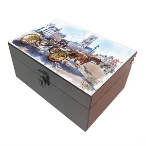 جعبه هدیه چوبی مدل J007 طرح نقاشی خیابان کالسکه و اسب