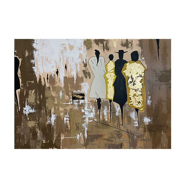 تابلو نقاشی اکرلیک به سبک مینیمال مدل جمعیت در افق طلاگون