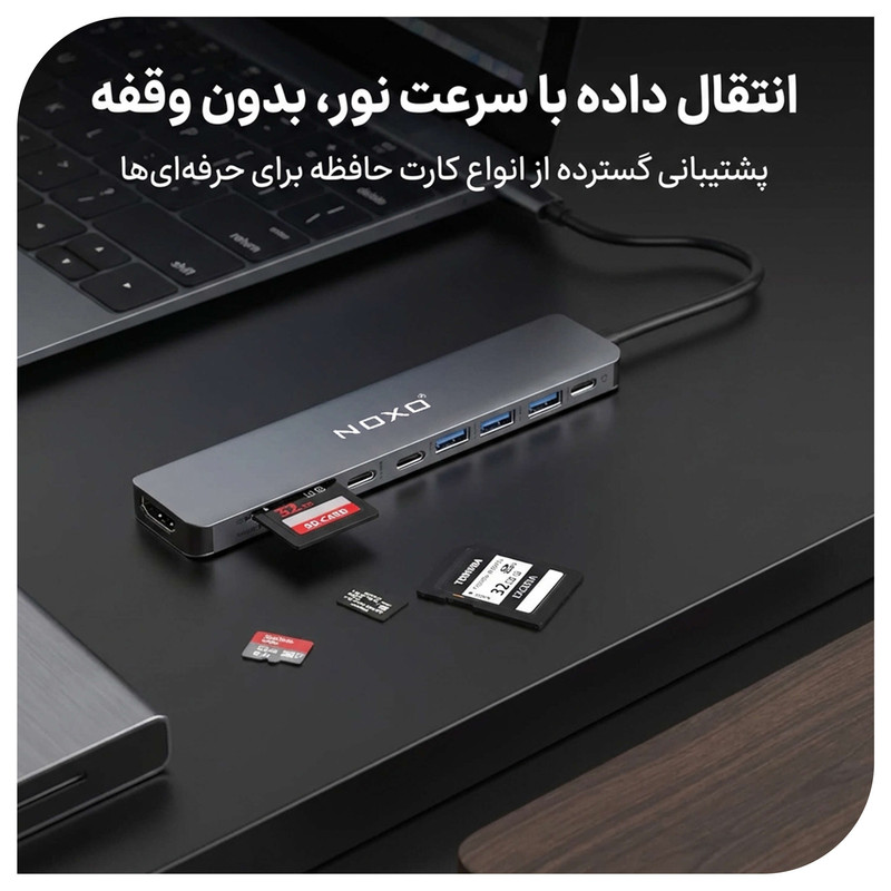 هاب 9 پورت USB-C نوکسو مدل HUB-N1 9in1 با پشتیبانی شارژ PD 100 وات، HDMI 4K، USB 3.0 و کارت‌خوان SD/TF