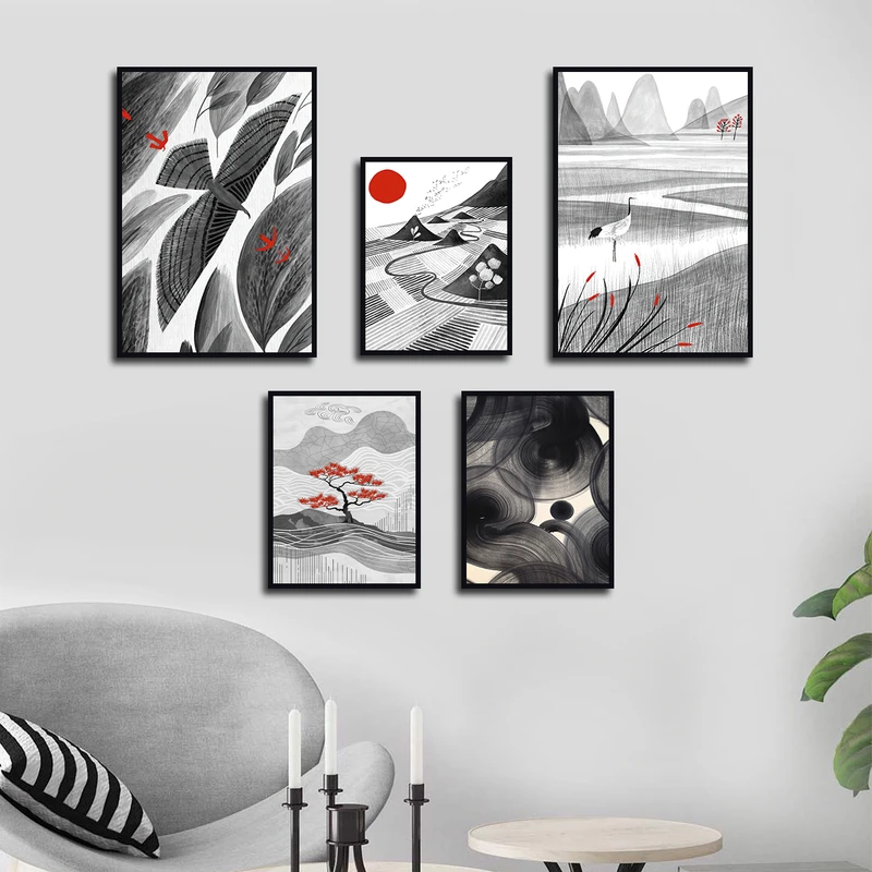  تابلو بکلیت طرح نقاشی دشت و پرنده مدل B-3450 فریم مشکی مجموعه 5 عددی