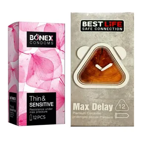 کاندوم بونکس مدل Thin & Sensitive بسته 12 عددی به همراه کاندوم کاندوم بست لایف مدل Max Delay بسته 12 عددی