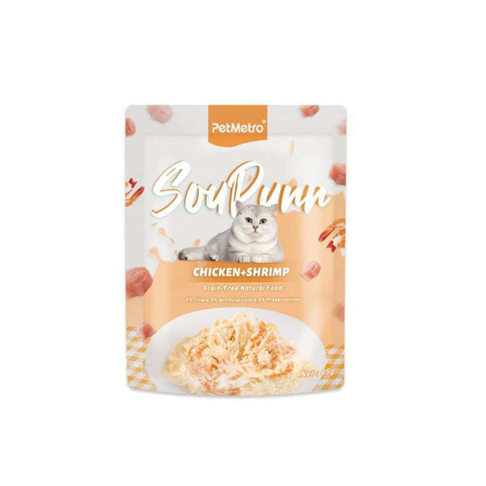 پوچ گربه بالغ پت مترو مدل سوپی طعم مرغ و میگو وزن 75 گرم