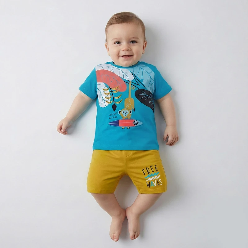 ست تی شرت و شلوارک پسرانه فیورلا مدل میمون موج سوار