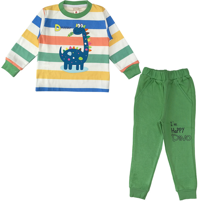 ست تی شرت و شلوار پسرانه مدل راه راه دایناسور کد 3523 رنگ سبز