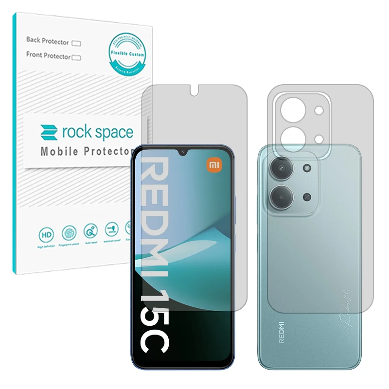محافظ صفحه نمایش شفاف راک اسپیس مدل Resistant مناسب برای گوشی موبایل شیائومی Redmi 15C به همراه محافظ پشت گوشی موبایل 