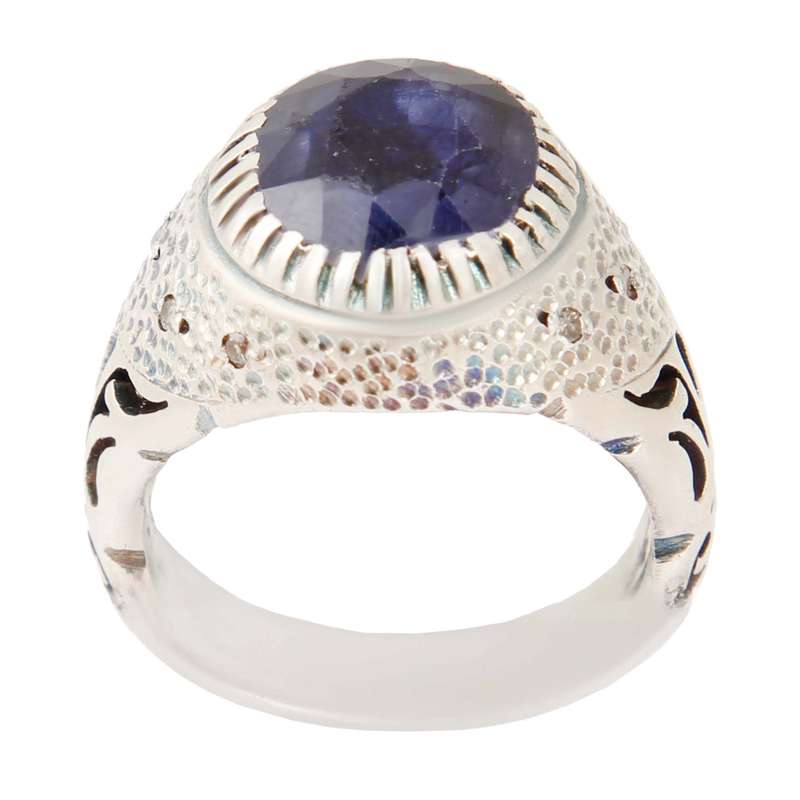 انگشتر نقره مردانه بازرگانی میلادی مدل یاقوت کبود تراش جواهری رکاب دست ساز کد AM_2447