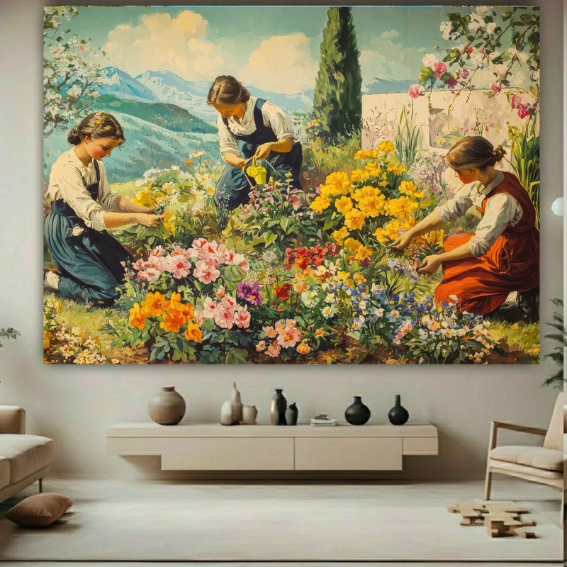 پوستر پارچه ای طرح مخمل  نقاشی قدیمی مدل باغبانی کد BK27456