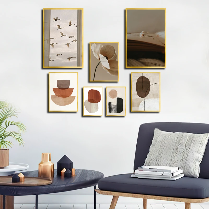 تابلو بکلیت طرح نقاشی مینیمال و گل و پرنده مدل T-3739 فریم طلایی مجموعه 7 عددی