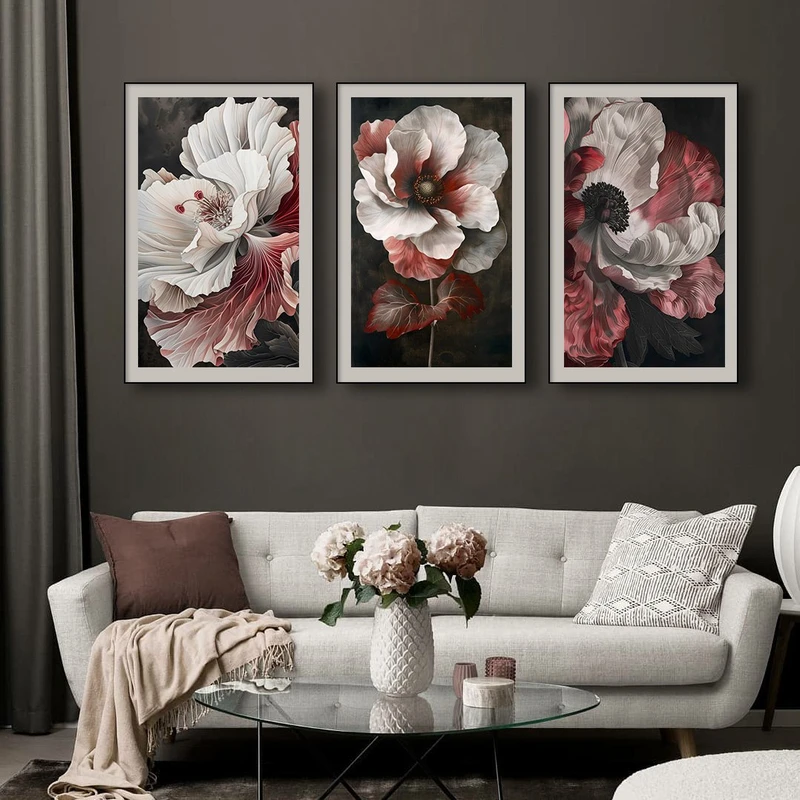 تابلو طرح دارک مدل گل کد AB6 فریم مشکی مجموعه 3 عددی