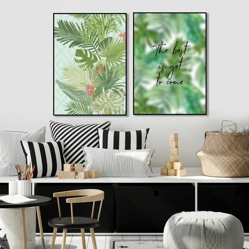 تابلو روما دیزاین طرح برگ های هاوایی و نوشته لاتین مدل A130d مجموعه 2 عددی