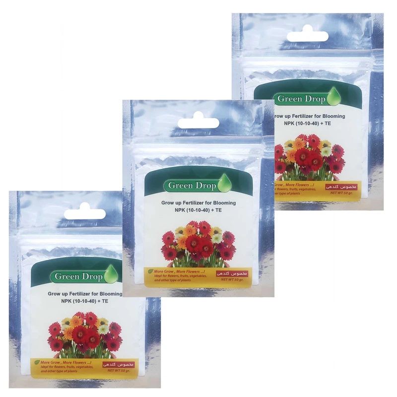 کود مخصوص گل دهی گرین دراپ مدل 40-10-10 وزن 50 گرم مجموعه 3 عددی