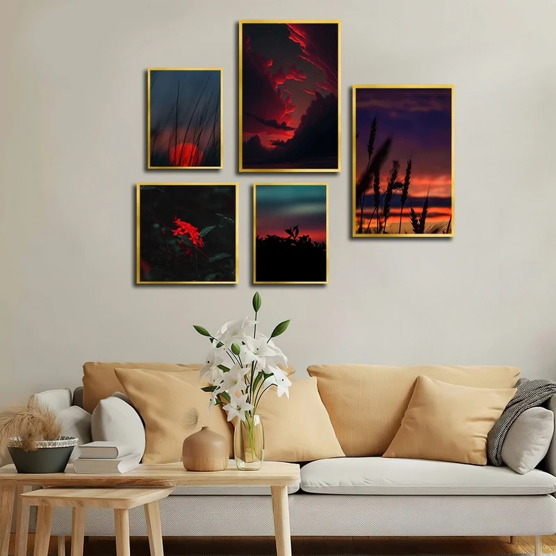 تابلو بکلیت طرح طبیعت و غروب خورشید مدل T-2655 مجموعه 5 عددی