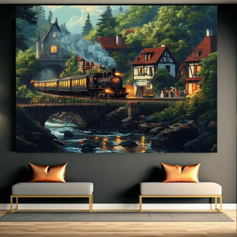 تابلو بوم طرح مخمل نقاشی عبور قطار از پل کد GR1115