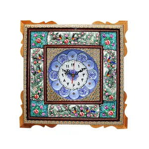 ساعت دیواری خاتم کاری مدل مربع گوشه دار طرح گل و مرغ برجسته کد Gr41d18-2f4-n1