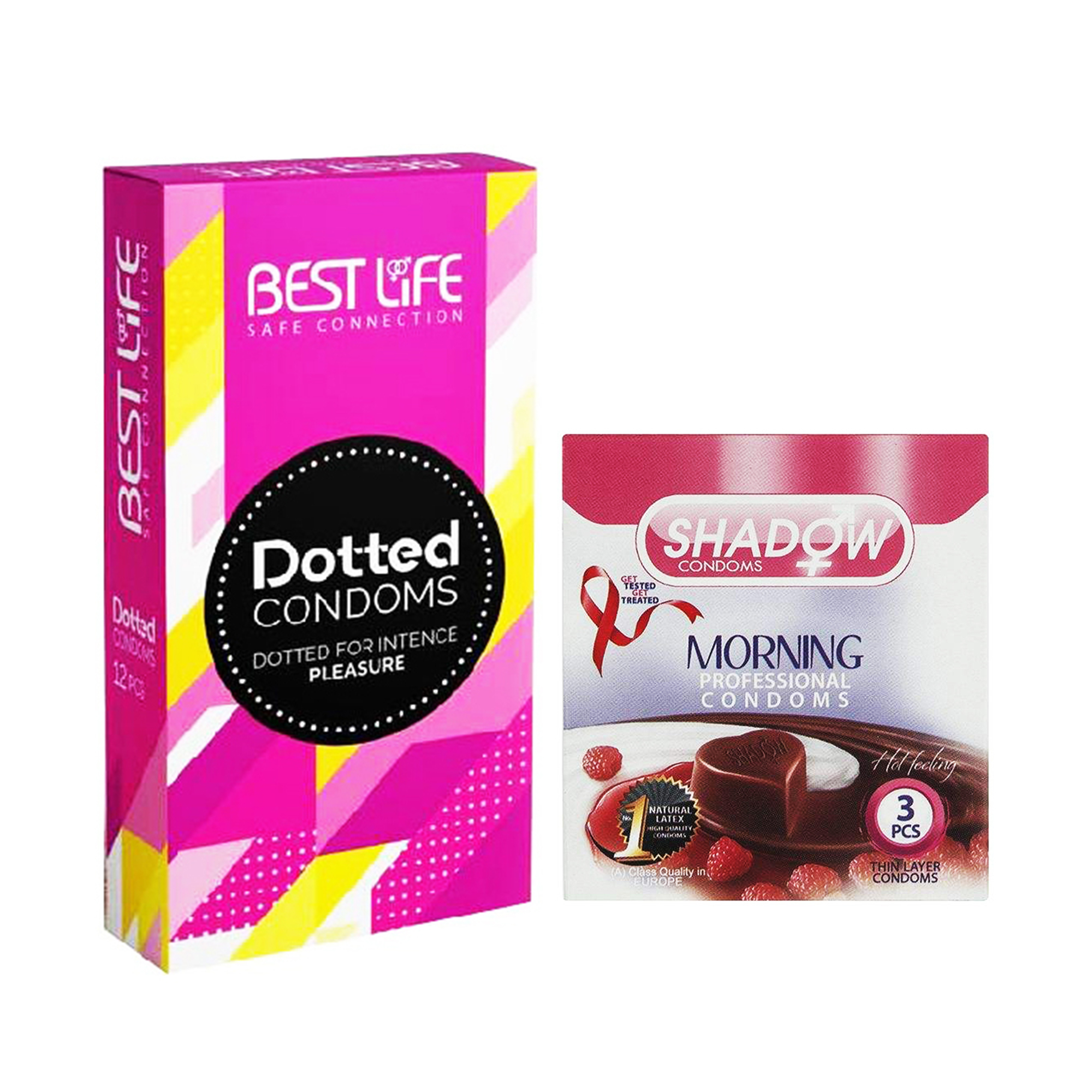 کاندوم بست لایف مدل Dotted بسته 12 عددی به همراه کاندوم شادو مدل Morning بسته 3 عددی 
