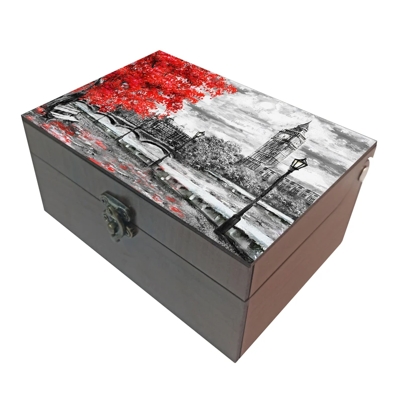 جعبه هدیه چوبی مدل J005 طرح نقاشی خیابان لندن