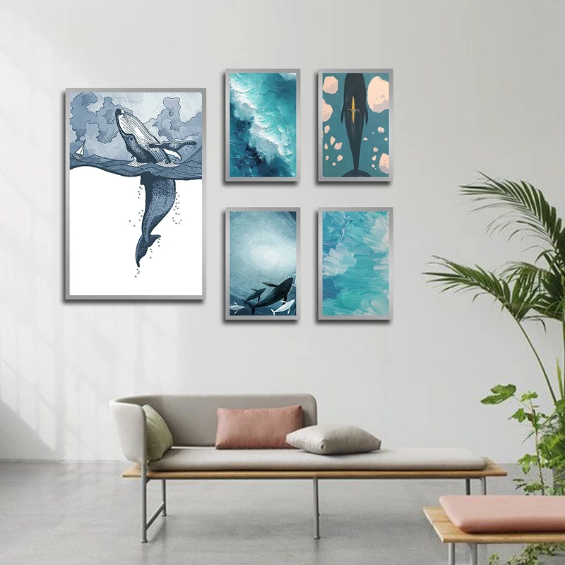 تابلو بکلیت طرح نقاشی موج دریا و نهنگ مدل SI-3456 فریم نقره ای مجموعه 5 عددی