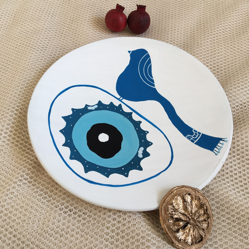 بشقاب دیوارکوب سفالی مدل مرغ چشم نظر کد 03