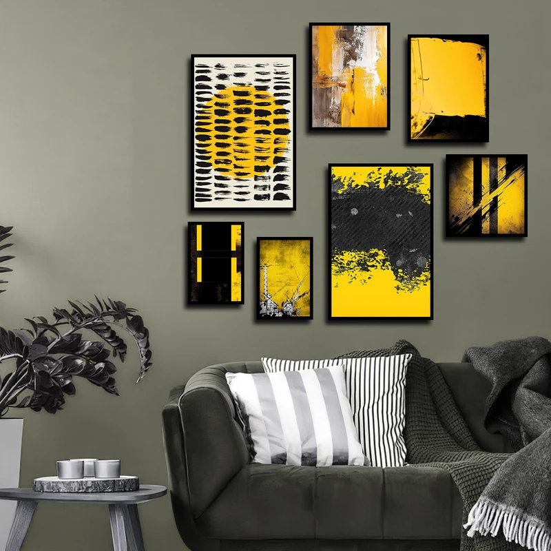تابلو بکلیت طرح مدرن نقاشی انتزاعی مدل B-3503 فریم مشکی مجموعه 7 عددی
