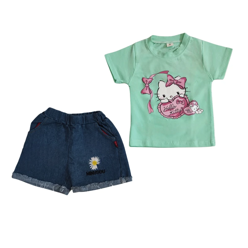 ست تی‌شرت آستین کوتاه و شلوارک دخترانه مدل ۱۳۶۷۴۳