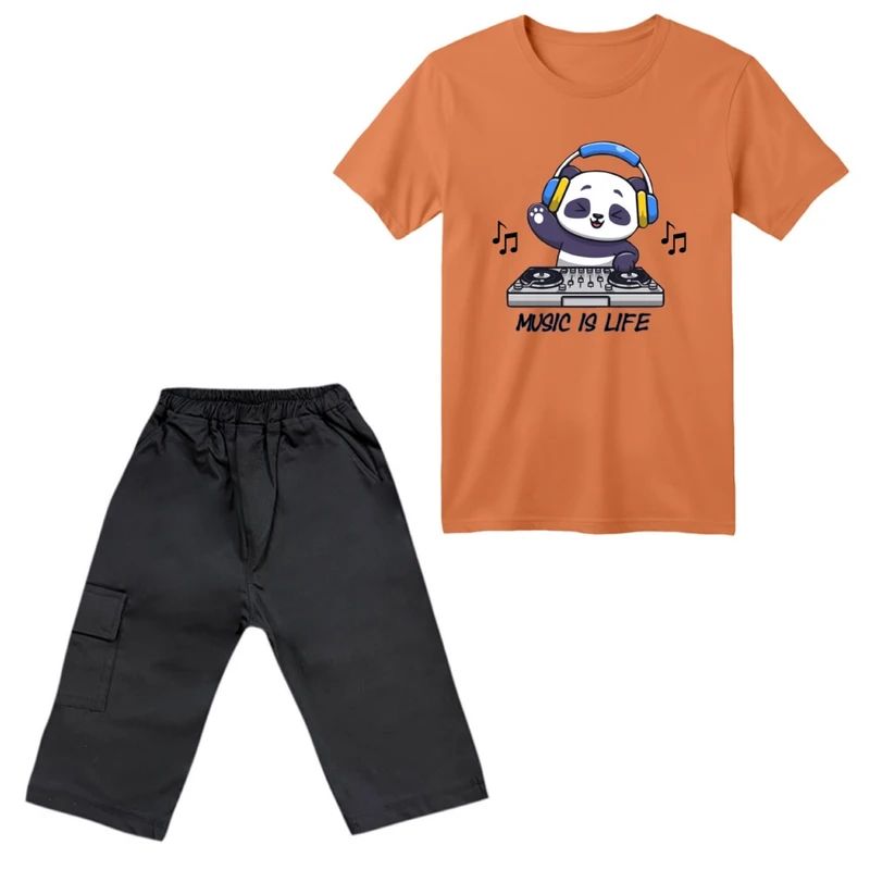 ست تی‌شرت آستین کوتاه و شلوارک پسرانه مدل پاندا موزیک