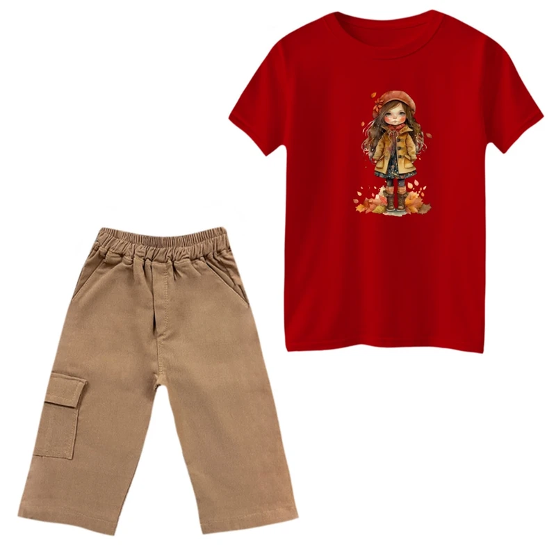 ست تی‌شرت و شلوارک دخترانه مدل دخترک پاییزی رنگ قرمز