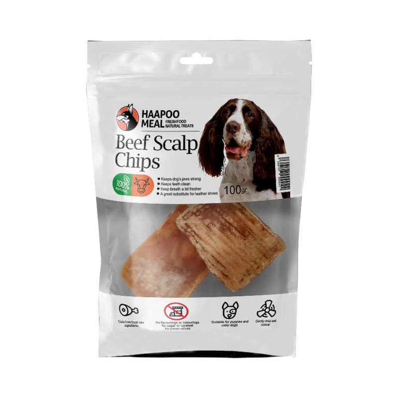 تشویقی سگ هاپومیل مدل چیپس پوست کله گاو Beef Scalp Chips وزن 100 گرم تشویقی سگ هاپومیل مدل چیپس پوست کله گاو Beef Scalp Chips وزن 100 گرم