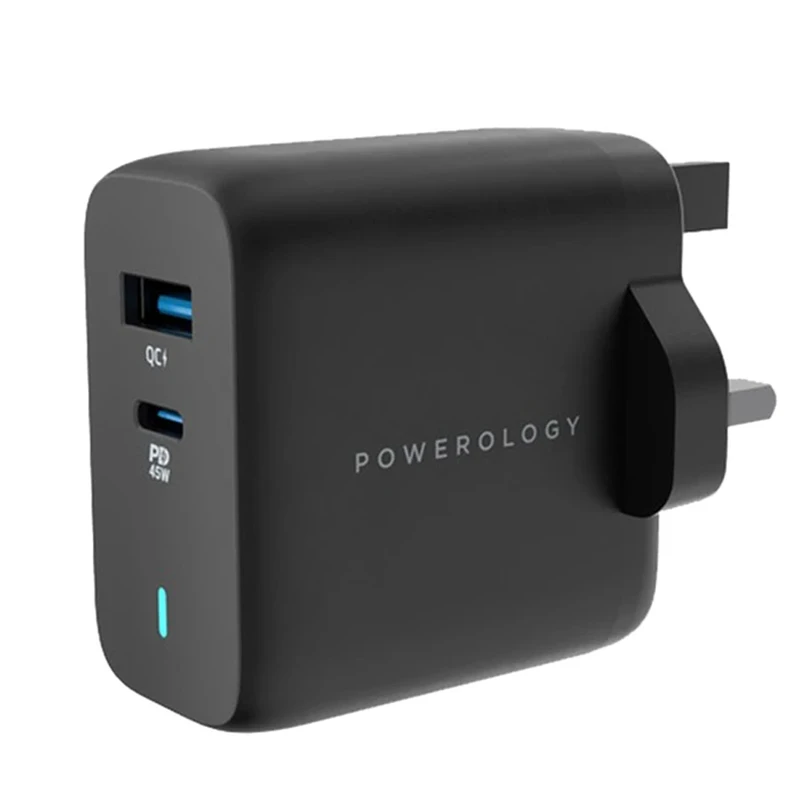 شارژر دیواری 45 وات دو پورت پاورولوجی مدل PWCUQC004 به همراه کابل تبدیل USB-C