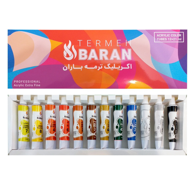 رنگ اکریلیک 12 رنگ ترمه باران حجم 21 میلی لیتر