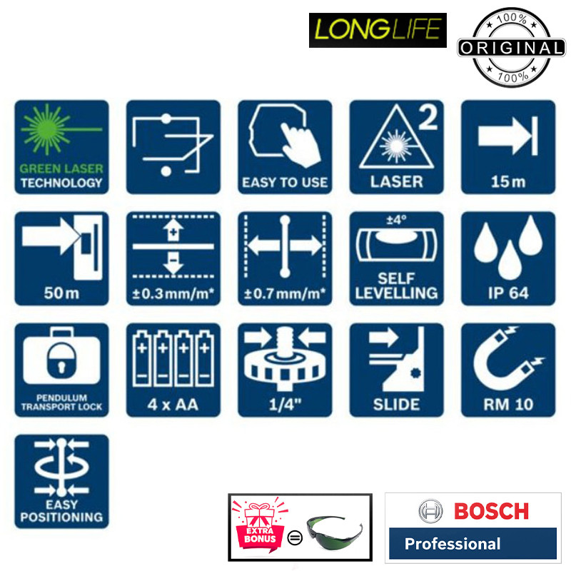 تراز لیزری بوش مدل GCL 2-50 G Green Lines + Point Laser
