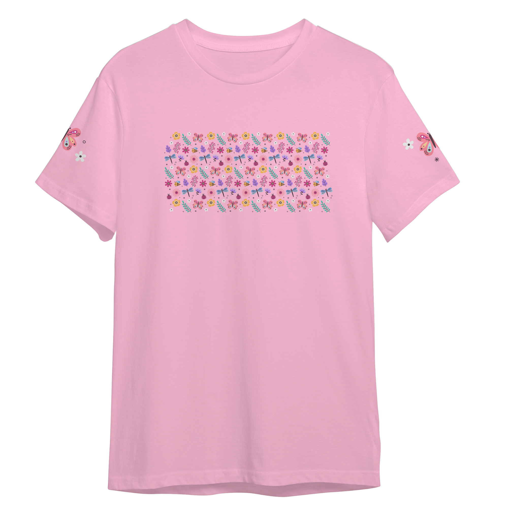 تی شرت آستین کوتاه دخترانه مدل پروانه زنبور و گل کد 0488 رنگ صورتی