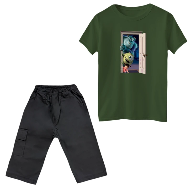 ست تی‌شرت و شلوارک پسرانه مدل کارخانه هیولاها کد 3 رنگ یشمی