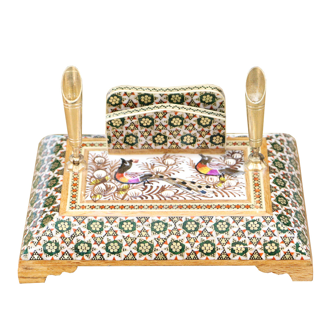 قلمدان خاتم کاری چوبی صنایع دستی فاخر مدل اداری طرح هفت شمسه گل و مرغ برجسته کد Br15p11-7sun