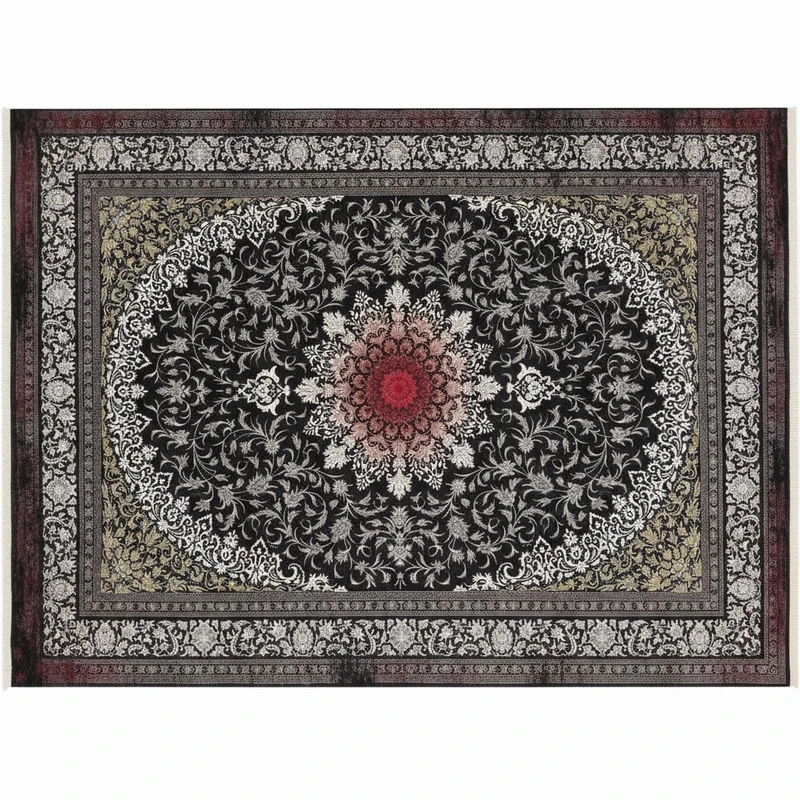 فرش ماشینی 700 شانه زمینه سرمه‌ای حاشیه الوان مدل کلاسیک وینتیج