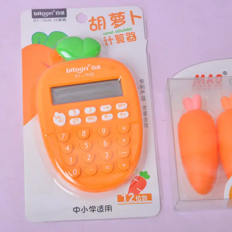 ست لوازم تحریر مدل هایلایتر و ماشین حساب طرح هویج مجموعه 7 عددی