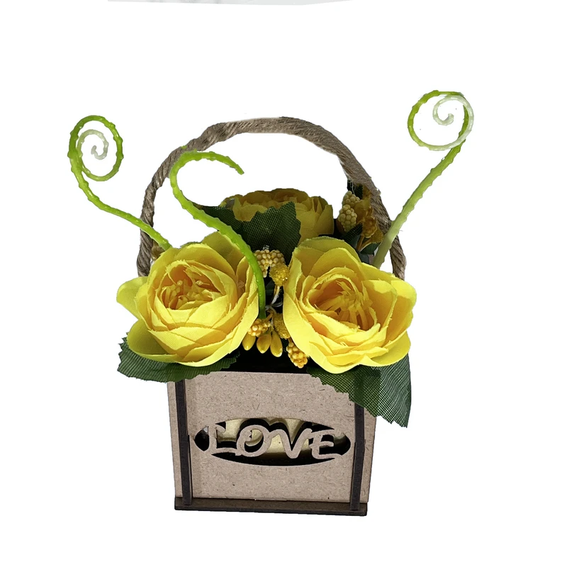 گلدان به همراه گل مصنوعی مدل نسترن فندوقی جعبه ای