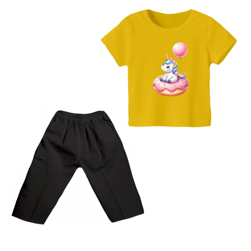 ست تی شرت و شلوارک دخترانه مدل یونیکورن کد ۱۸ رنگ زرد