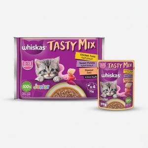 پوچ بچه گربه ویسکاس مدل Junior Tasty Mix Gravy با طعم مرغ، تن و سیبزمینی وزن 70 گرم بسته 4 عددی