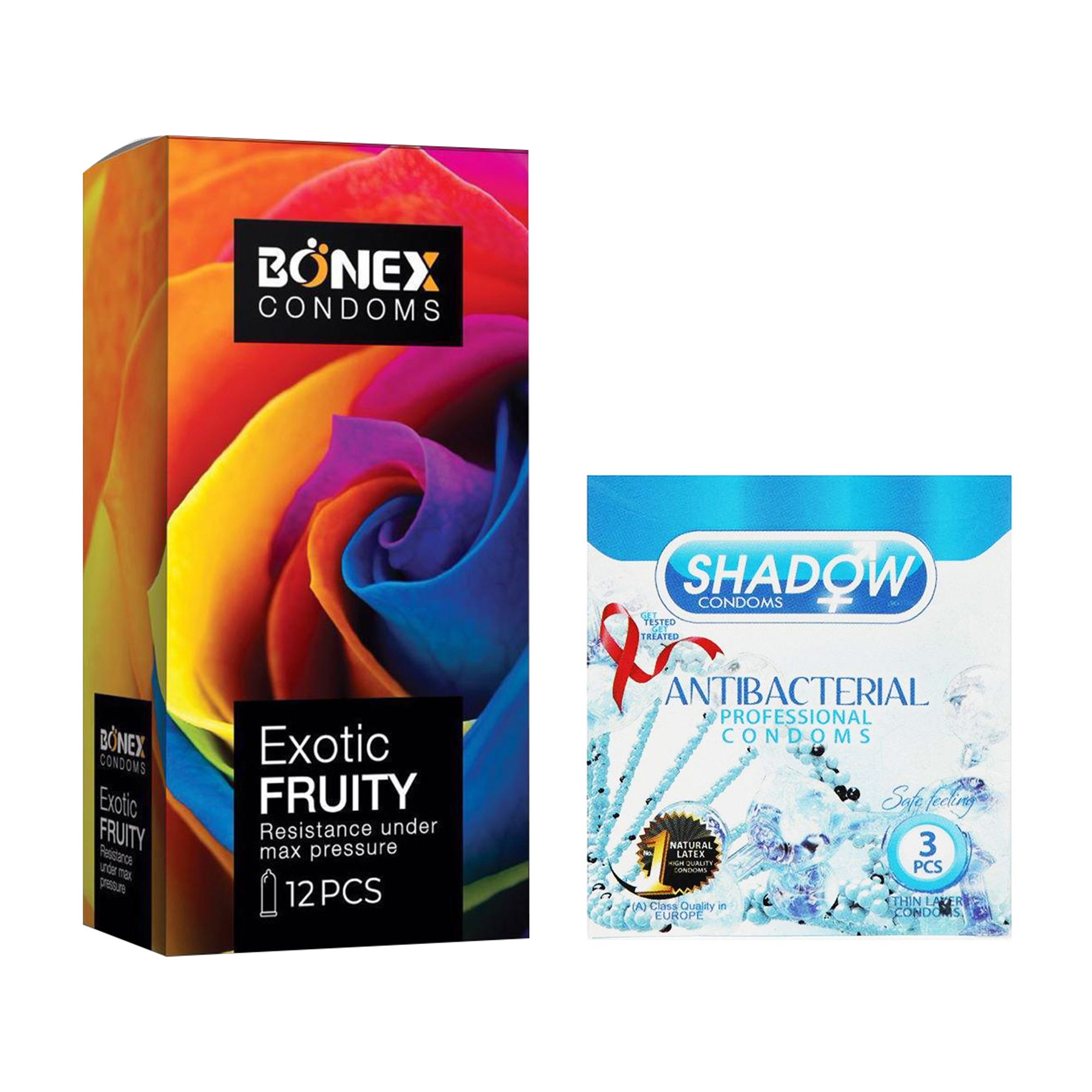 کاندوم بونکس مدل Exotic Fruity بسته 12 عددی به همراه کاندوم شادو مدل Anti Bacterial بسته 3 عددی 