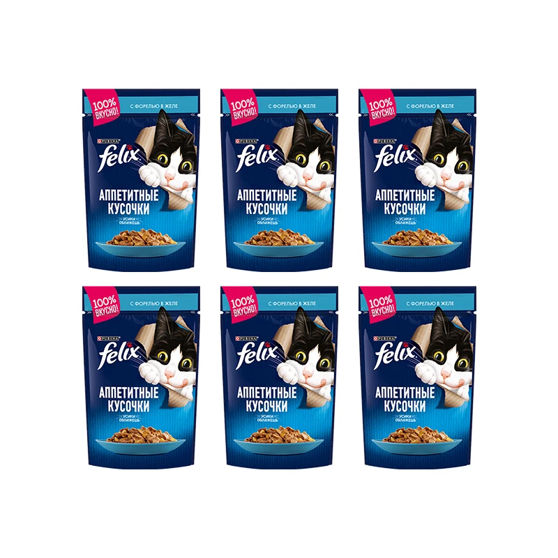 پوچ گربه بالغ فلیکس مدلin Jelly طعم ماهی قزل‌آلا وزن 450 گرم بسته 6 عددی