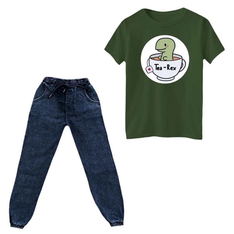 ست تی‌شرت و شلوار پسرانه مدل دایناسور و چای