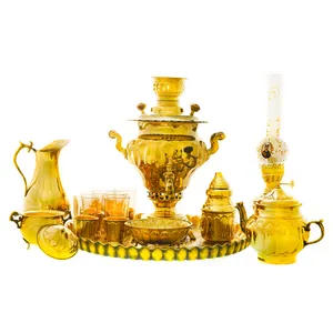 سرویس سماور ذغالی 14 پارچه برنجی مدل پیچ کد 4215