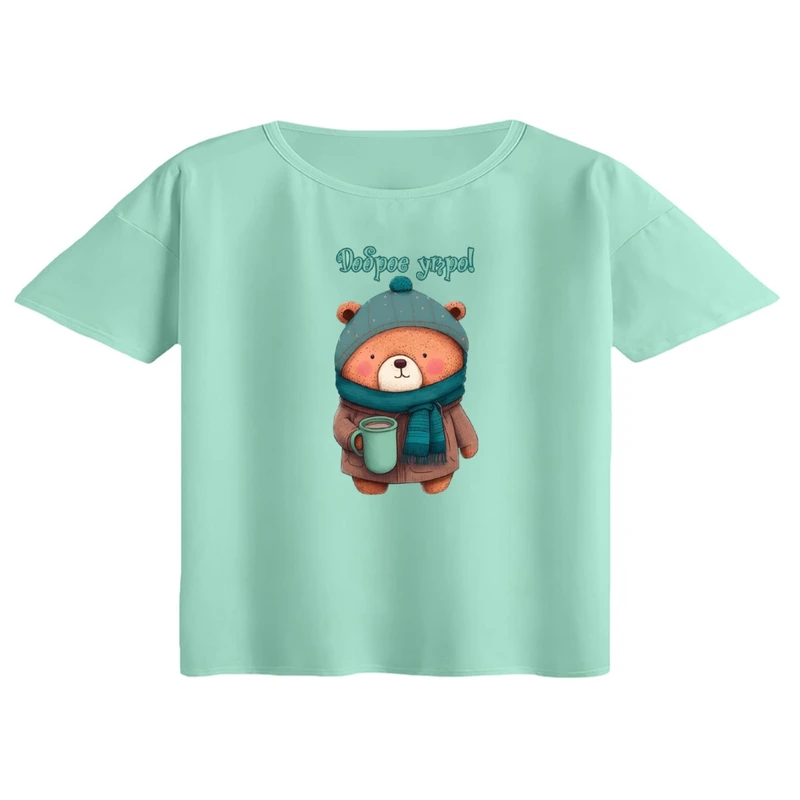 کراپ تی‌شرت آستین کوتاه زنانه مدل خرس و شال گردن