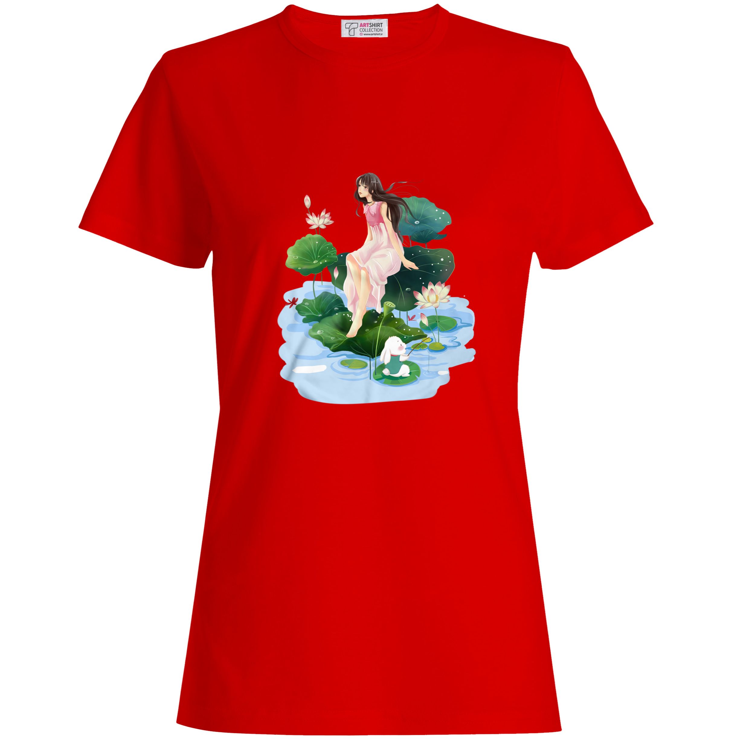 تی شرت آستین کوتاه زنانه طرح دختر کد ART-0014-R رنگ قرمز