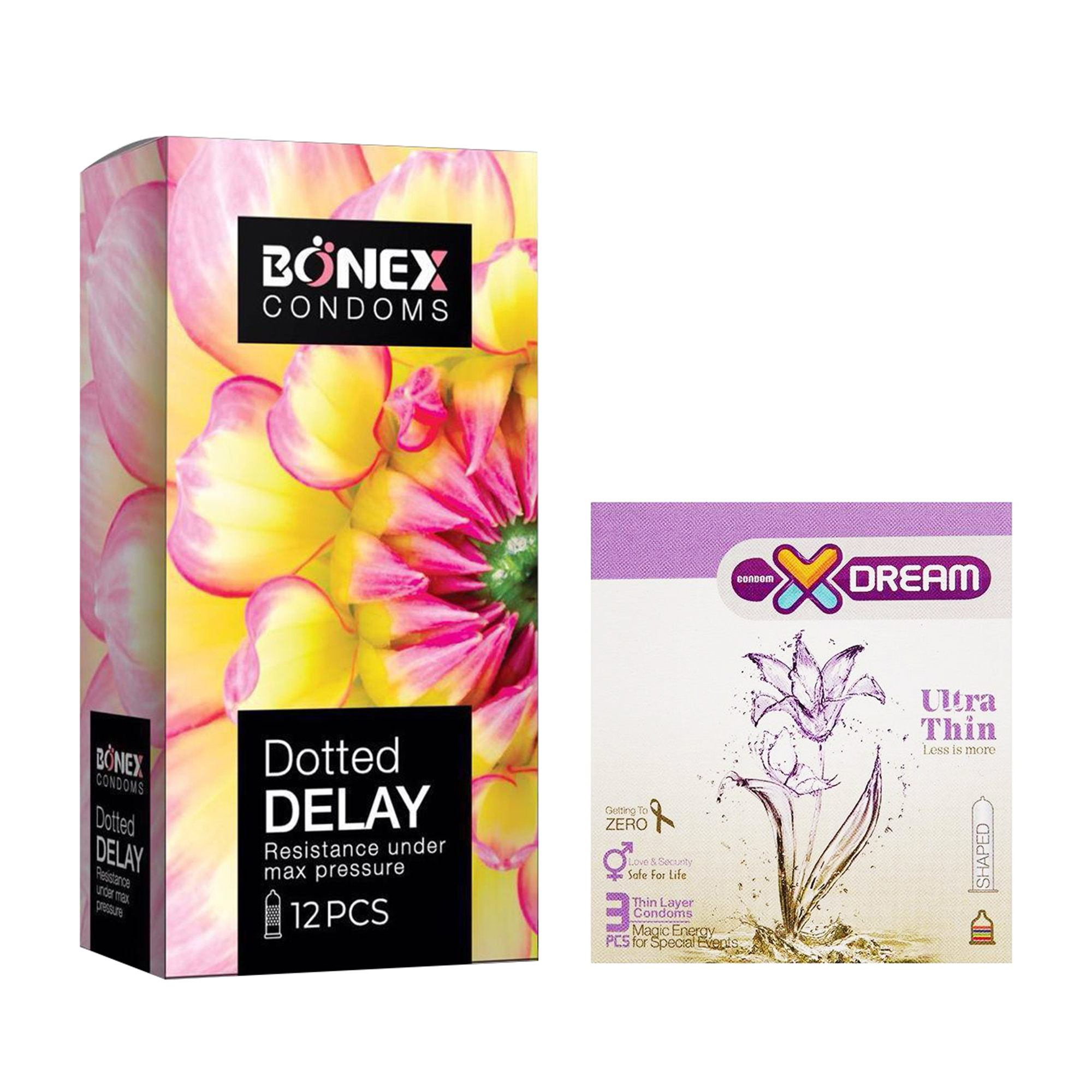 کاندوم بونکس مدل  Dotted Delay بسته 12 عددی به همراه کاندوم ایکس دریم مدل Ultra Thin بسته 3 عددی