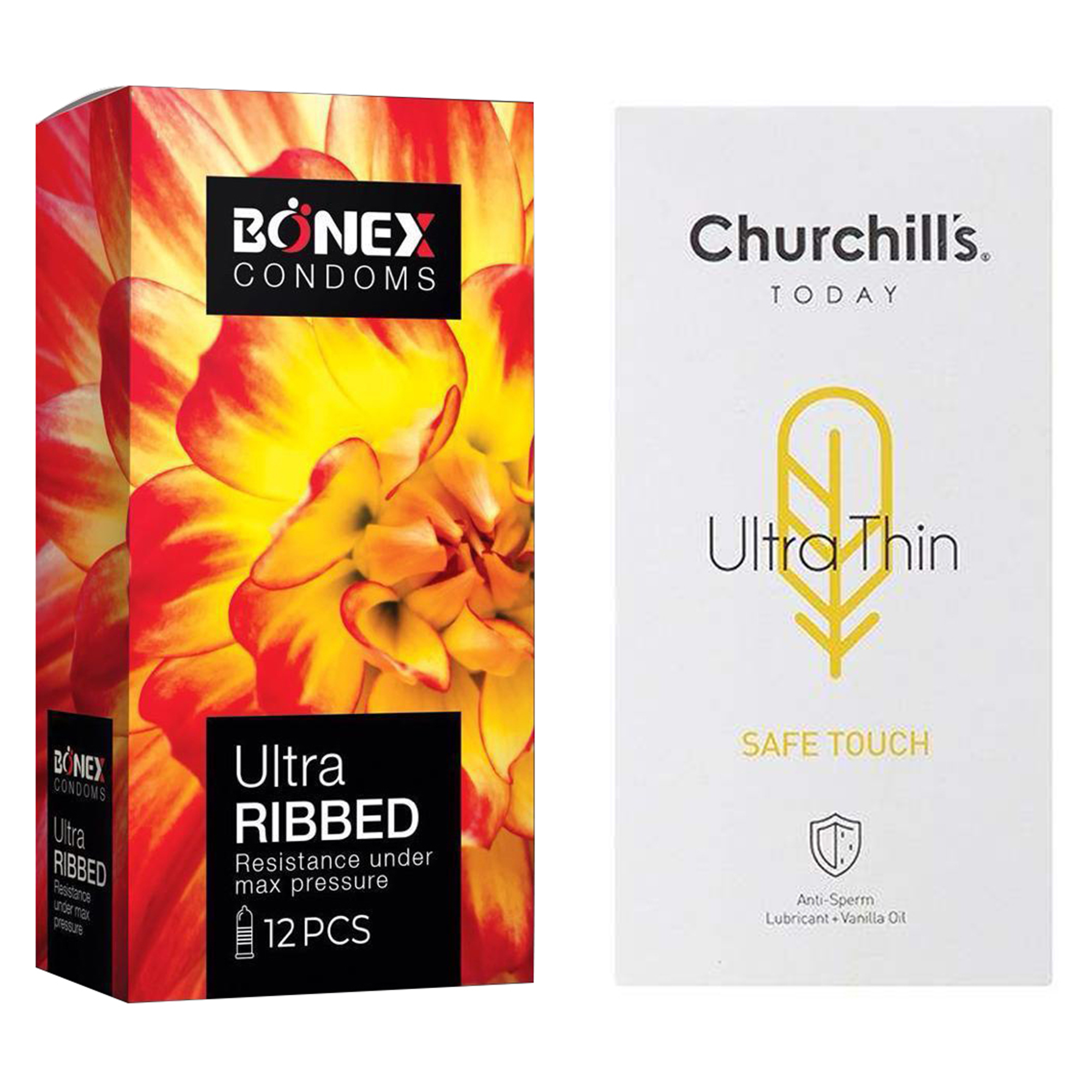 کاندوم چرچیلز مدل Safe Touch بسته 12 عددی به همراه کاندوم بونکس مدل Ultra Ribbed بسته 12 عددی 